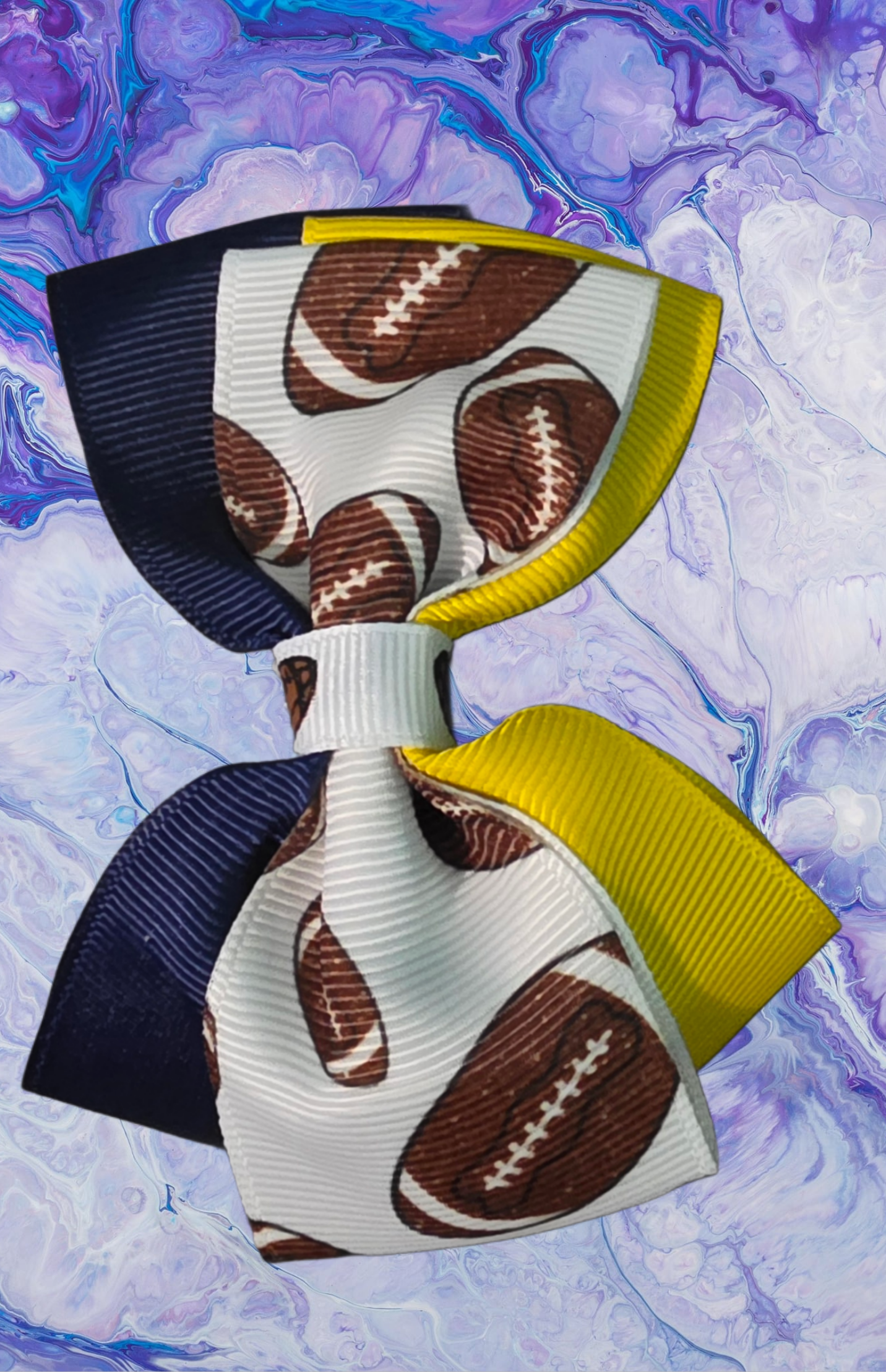 Blue and yellow football bow